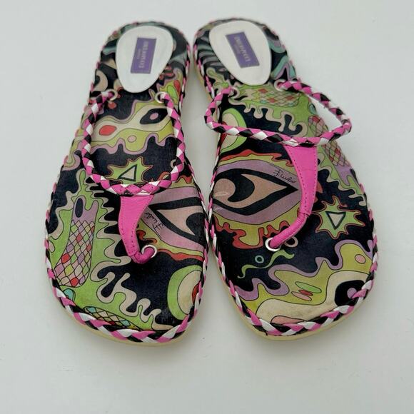 Emilio Pucci Multicolor Printed Flip Flop Slides Shoes Pink/Black | Fit US 9.5 - Picture 3 of 11
